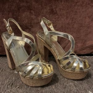 Prada metallic old chunky platform cork heel